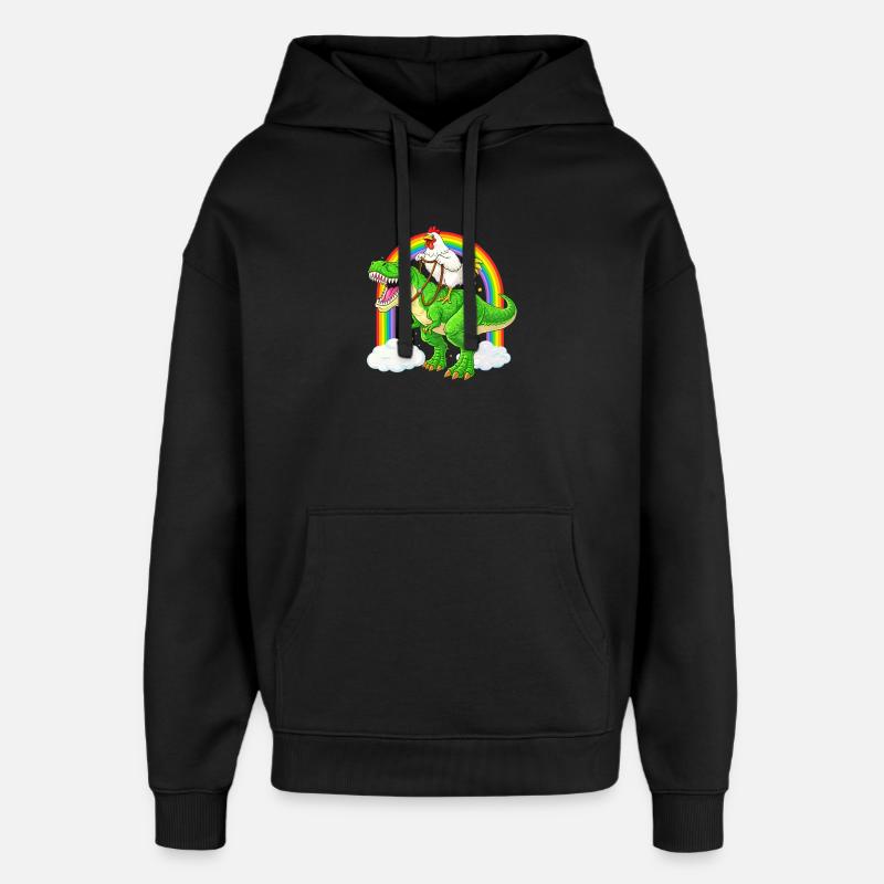Chicken Riding T-Rex Dinosaur Rainbow - Oversized Unisex Hoodie by Stanley/Stella - black