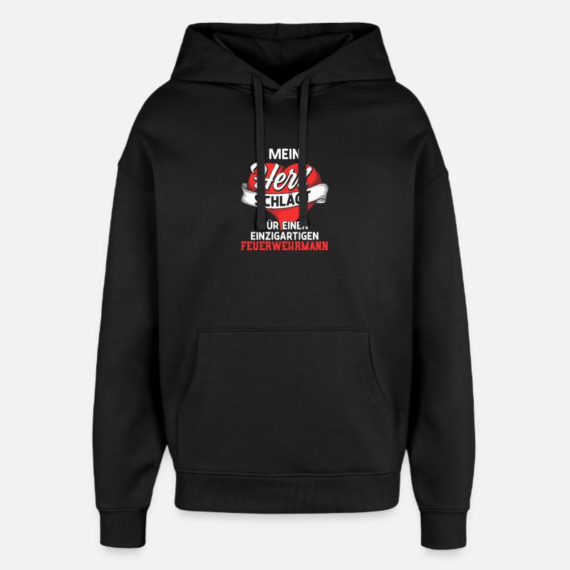Heart beats for a firefighter - Oversized Unisex Hoodie by Stanley/Stella - black