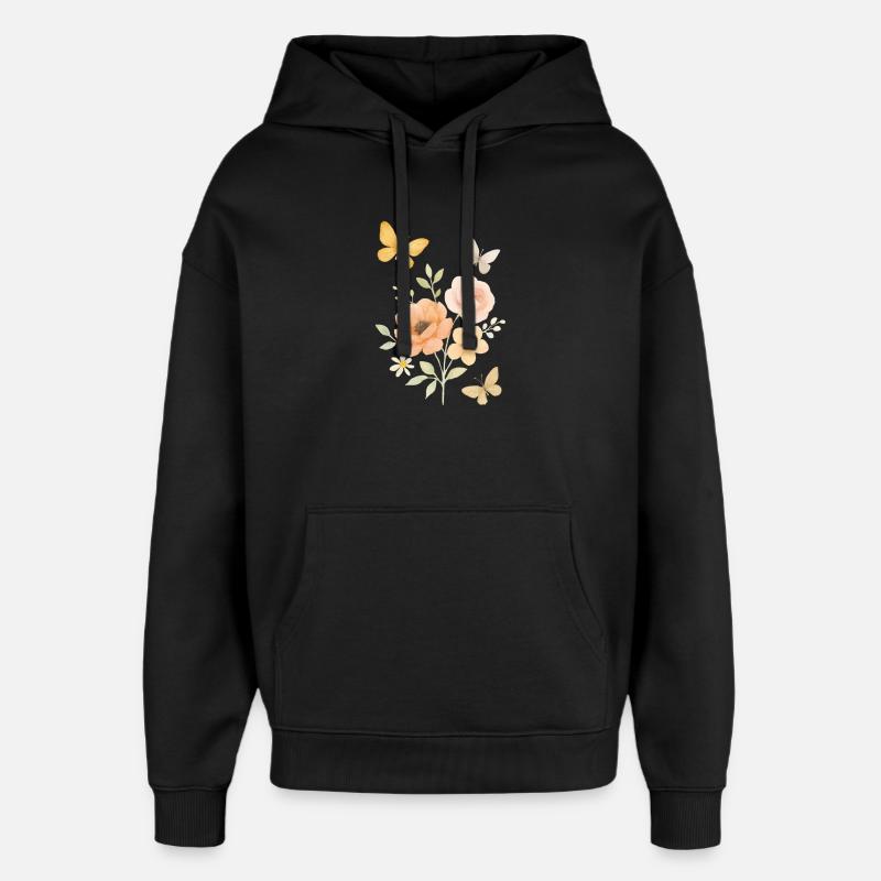 Fleurs pastel motifs papillon - Sweat à capuche unisexe Stanley/Stella Oversized - noir