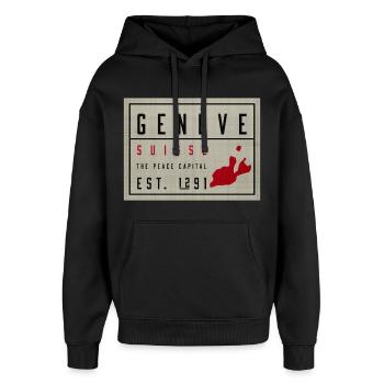 Genève Suisse Capitale de la Paix Millésime - Sweat à capuche unisexe Stanley/Stella Oversized - noir - Devant - AI Model Female 172 light (172cm) & AI Model Male 185 light (185cm)