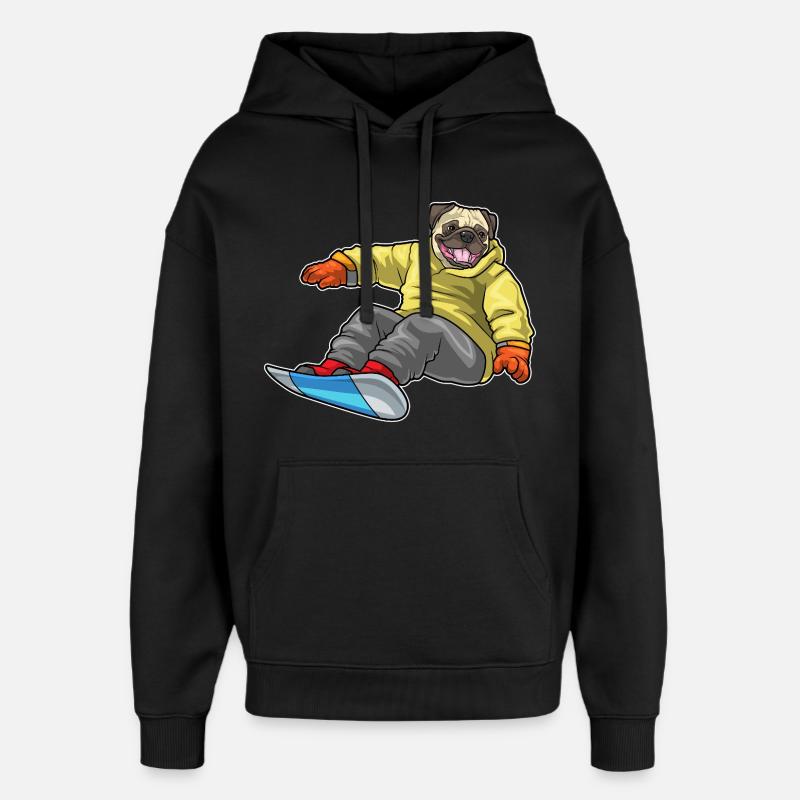 Pug Snowboarder Snowboard - Oversized Unisex Hoodie by Stanley/Stella - black