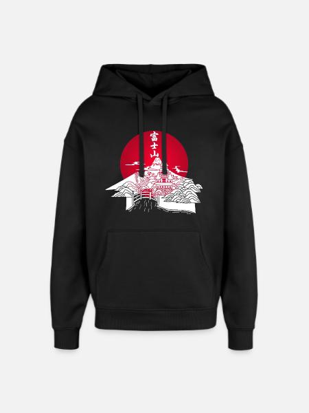 White Japanese Landscape and Red Sun - Oversized Unisex Hoodie by Stanley/Stella - black