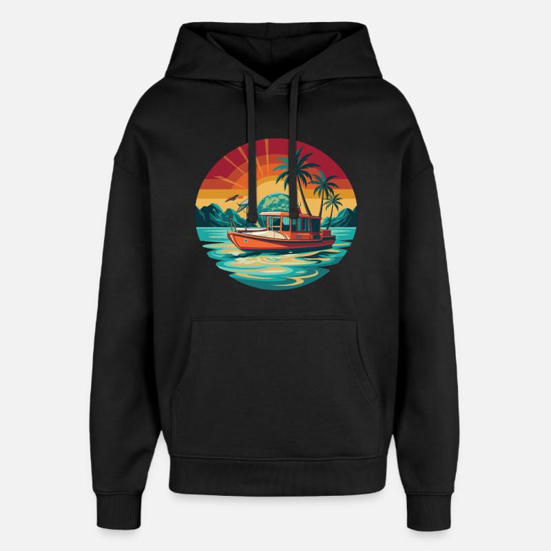 Retro Boat Sunset Tropics - Sweat à capuche unisexe Stanley/Stella Oversized - noir