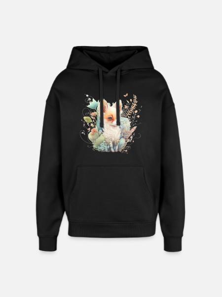 Renard Aquarelle Fleurs - Sweat à capuche unisexe Stanley/Stella Oversized - noir