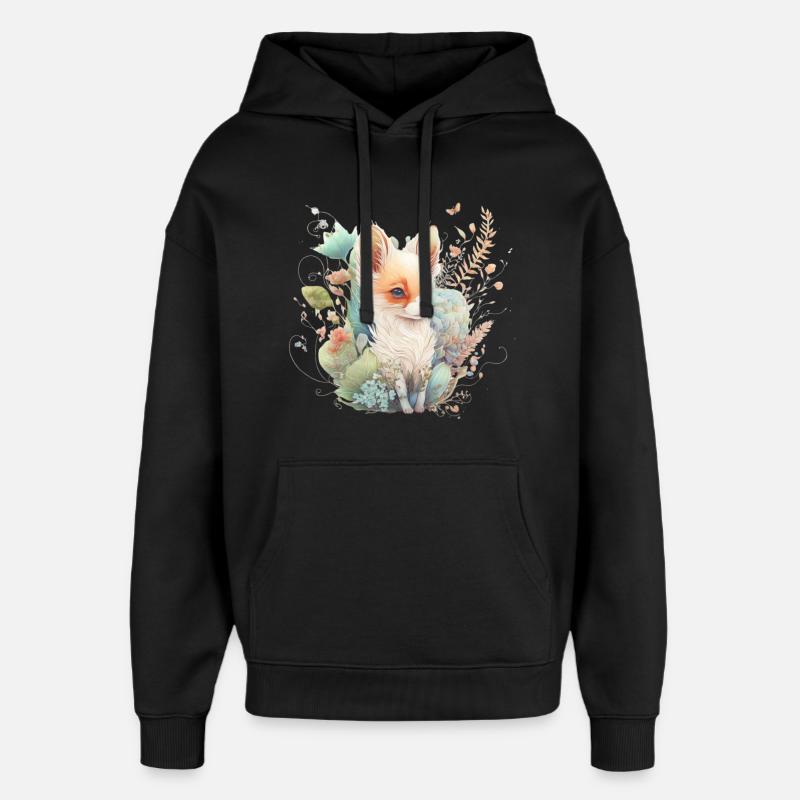 Renard Aquarelle Fleurs - Sweat à capuche unisexe Stanley/Stella Oversized - noir