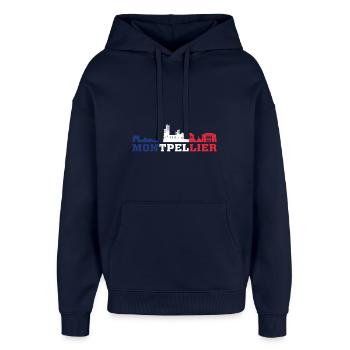 Montpellier City Skyline France Landmark Map - Oversized Unisex Hoodie by Stanley/Stella - navy - Front - AI Model Female 172 light (172cm) & AI Model Male 185 light (185cm)