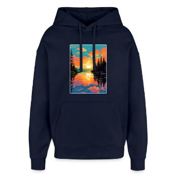 Lake Hubert Travel Poster Souvenir Postcard Paint - Oversized Unisex Hoodie by Stanley/Stella - navy - Front - AI Model Female 172 light (172cm) & AI Model Male 185 light (185cm)