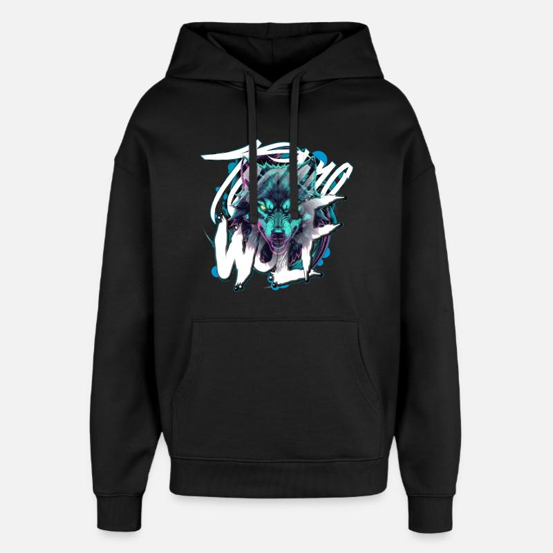 Neon Techno Wolf Head–Rave Wolf - Oversized Unisex Hoodie by Stanley/Stella - black