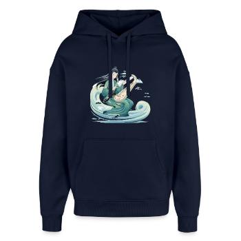 Guqin Master on Sea Wave - Oversized Unisex Hoodie by Stanley/Stella - navy - Front - AI Model Female 172 light (172cm) & AI Model Male 185 light (185cm)
