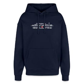 Handelsstadt Antwerpen und Skyline der Kunststadt - Oversized Unisex Hoodie von Stanley/Stella - Navy - Vorne - AI Model Female 172 light (172cm) & AI Model Male 185 light (185cm)