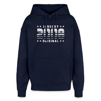 January 2008 Original Retrodesign | Birthday - Oversized Unisex Hoodie by Stanley/Stella - navy - Front - AI Model Female 172 light (172cm) & AI Model Male 185 light (185cm)