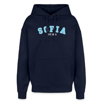 Sofia gegründet 1966 - Oversized Unisex Hoodie von Stanley/Stella - Navy - Vorne - AI Model Female 172 light (172cm) & AI Model Male 185 light (185cm)