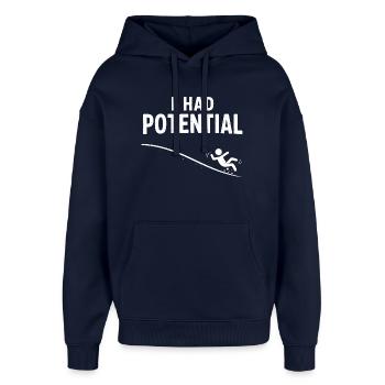 Ich hatte Potenzial – Rutschbahn Humor - Oversized Unisex Hoodie von Stanley/Stella - Navy - Vorne - AI Model Female 172 light (172cm) & AI Model Male 185 light (185cm)