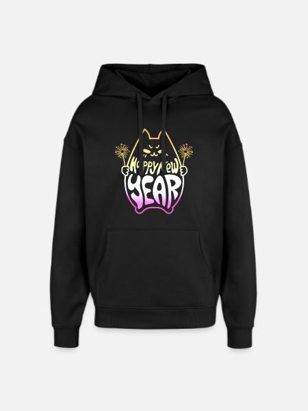 Godt nytår kat #3 Frohes Neues Jahr Katze - Hættetrøje unisex Stanley/Stella Oversized - sort