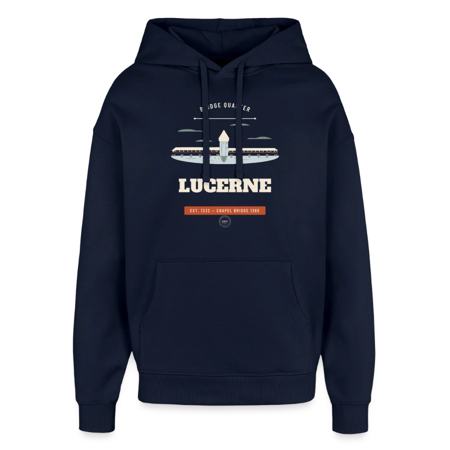 Lucerne badge on a oversized unisex hoodie by stanley/stella, navy