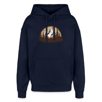Majestic Mountain Forest Scene - Oversized Unisex Hoodie by Stanley/Stella - navy - Front - AI Model Female 172 light (172cm) & AI Model Male 185 light (185cm)