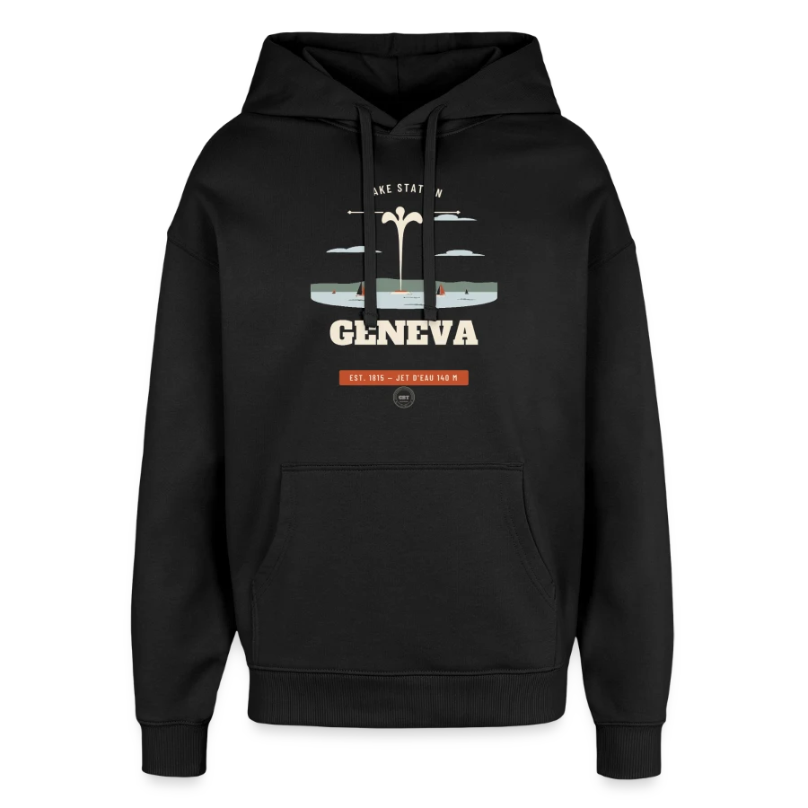 Geneva badge on a oversized unisex hoodie by stanley/stella, black