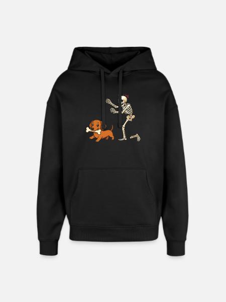 Humor Skeleton Chases Dachshund Dog - Oversized Unisex Hoodie by Stanley/Stella - black