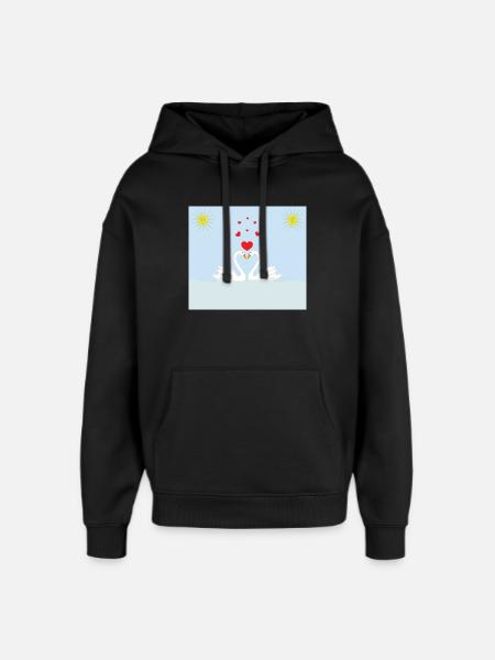 Two white love swans in the water and red hearts - Oversized Unisex Hoodie by Stanley/Stella - black
