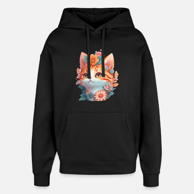 Chat rouge avec des fleurs - Sweat à capuche unisexe Stanley/Stella Oversized - noir