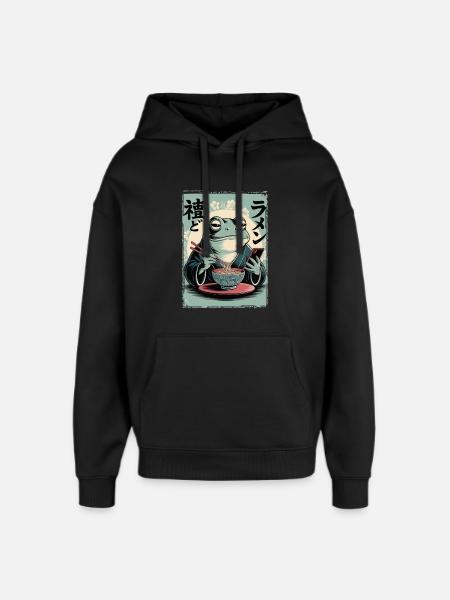 Funny frog, grumpy, Japanese art, ramen - Oversized Unisex Hoodie by Stanley/Stella - black