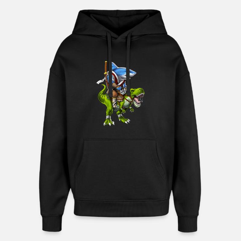 Requin samouraï chevauchant un dinosaure T-Rex - Sweat à capuche unisexe Stanley/Stella Oversized - noir