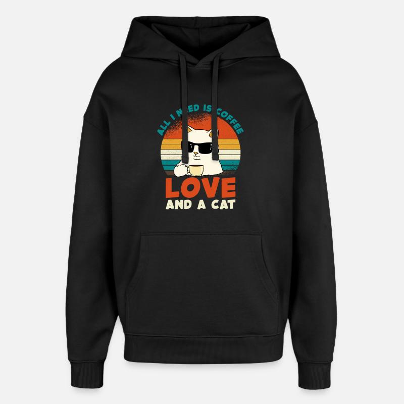 Coffee Cat Love Rétro - Sweat à capuche unisexe Stanley/Stella Oversized - noir