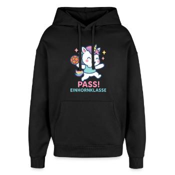 Einhorn Handball Pass, Einhornklasse Assist - Oversized Unisex Hoodie von Stanley/Stella - Schwarz - Vorne - AI Model Female 172 light (172cm) & AI Model Male 185 light (185cm)