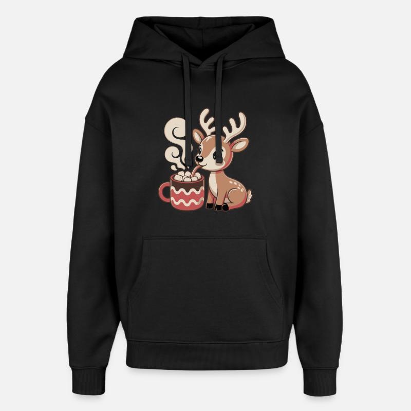 Cuddly deer drinks cocoa - Oversized Unisex Hoodie by Stanley/Stella - black