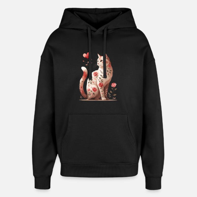 Rosy Cat Dream : Floral Cat - Sweat à capuche unisexe Stanley/Stella Oversized - noir