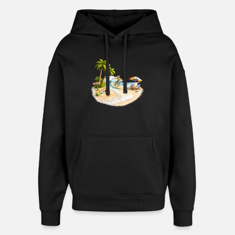 Surfista sulla spiaggia con palme e onde - Stanley/Stella Oversized Felpa con cappuccio unisex - nero