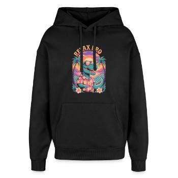 Relax Bro Dino Shirt – Ambiances d’été - Sweat à capuche unisexe Stanley/Stella Oversized - noir - Devant - AI Model Female 172 light (172cm) & AI Model Male 185 light (185cm)