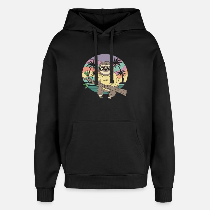 Cool Sloth Retro Summer Palm Trees - Oversized Unisex Hoodie by Stanley/Stella - black