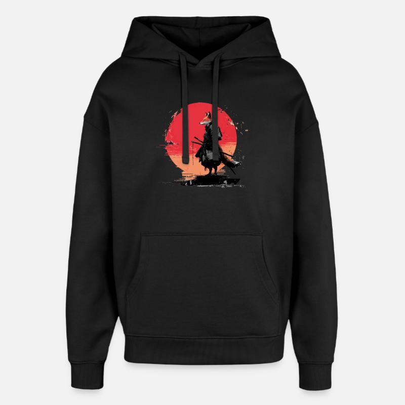 Fox Samurai au coucher du soleil - Sweat à capuche unisexe Stanley/Stella Oversized - noir