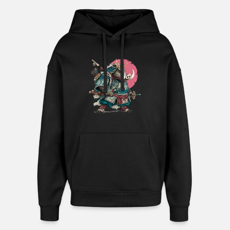 Boar Samurai in Teal Armor - Oversized Unisex Hoodie by Stanley/Stella - black