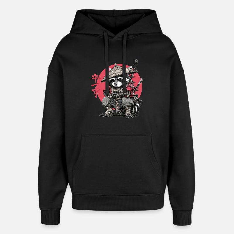 Raccoon Samurai in Red Circle - Oversized Unisex Hoodie by Stanley/Stella - black