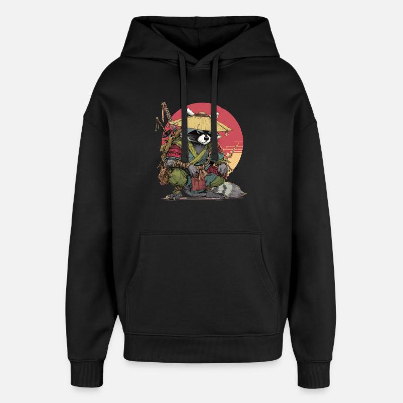 Raccoon Samurai with Straw Hat - Oversized Unisex Hoodie by Stanley/Stella - black