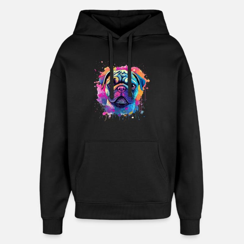 Vibrant Pug Splash Portrait - Oversized Unisex Hoodie by Stanley/Stella - black