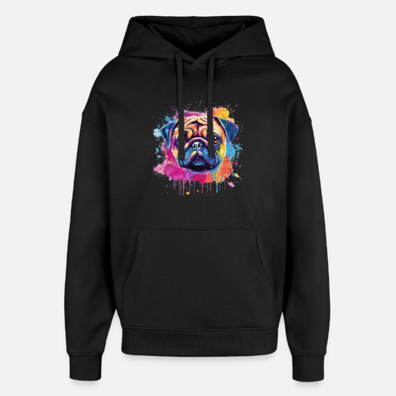 Vibrant Pug Splash Portrait - Oversized Unisex Hoodie by Stanley/Stella - black