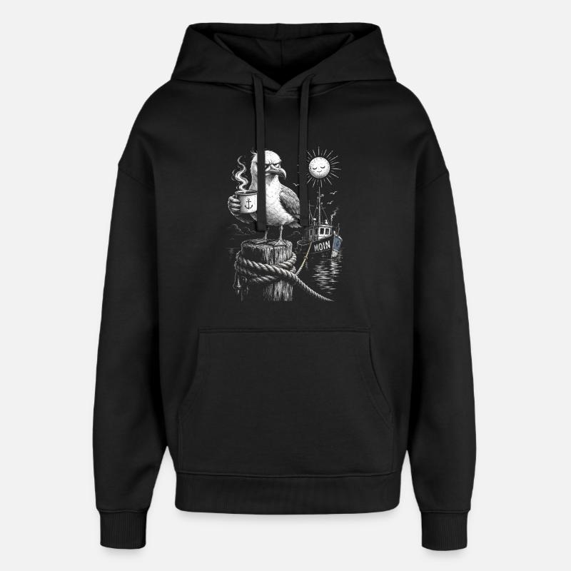 MOIN – Grummeliges Möwe mit Kaffee - Sweat à capuche unisexe Stanley/Stella Oversized - noir