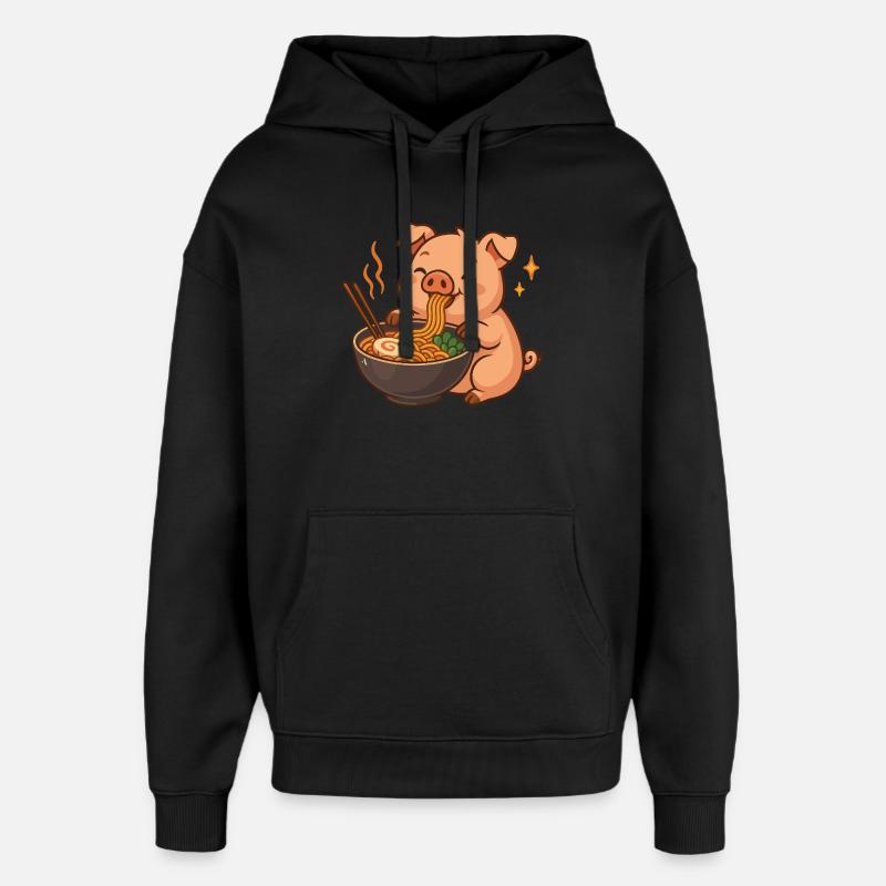 Cochon aux nouilles, ramen, cochon kawaii - Sweat à capuche unisexe Stanley/Stella Oversized - noir