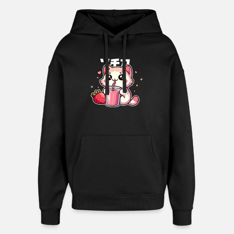 Kawaii kitten drinking strawberry smoothie - Oversized Unisex Hoodie by Stanley/Stella - black