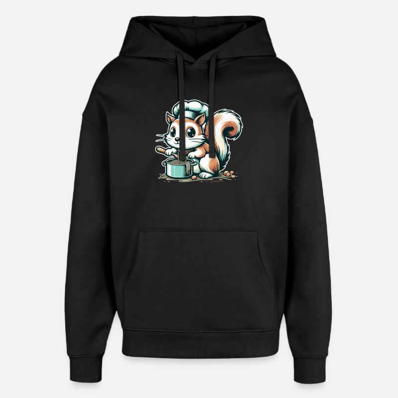 Cute cartoon squirrel cooking spaghetti - Oversized Unisex Hoodie by Stanley/Stella - black