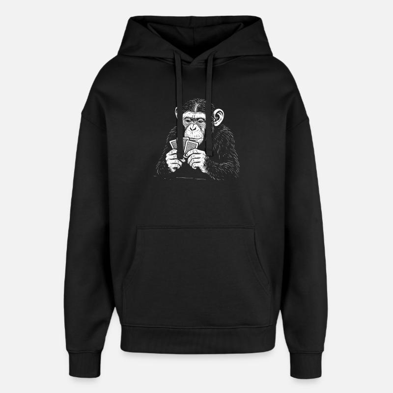 Chimp playing Cards - Oversized Unisex Hoodie by Stanley/Stella - black