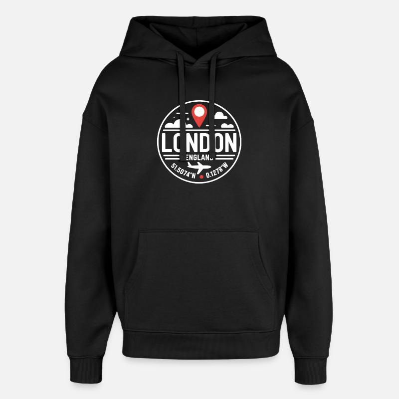 Motif de voyage des coordonnées anglaises de Londres - Sweat à capuche unisexe Stanley/Stella Oversized - noir