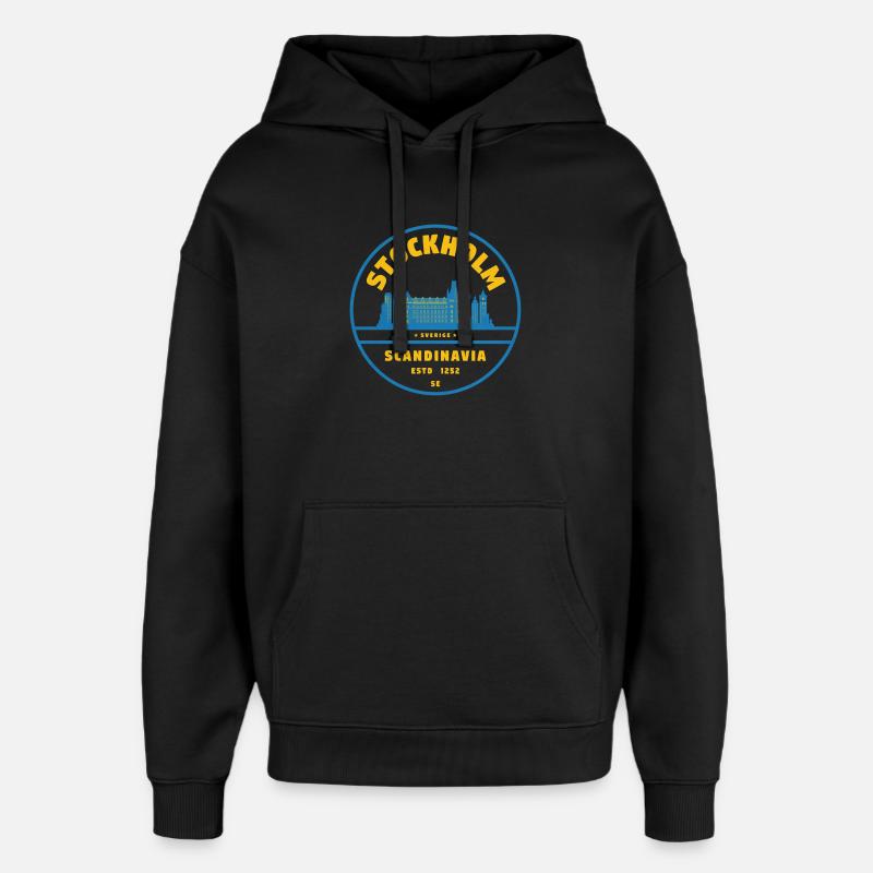 Stockholms Skyline-emblem Blå Gul - Hættetrøje unisex Stanley/Stella Oversized - sort