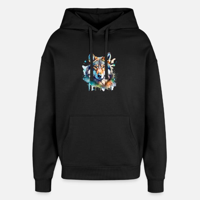 Aquarelle Loup Portrait - Sweat à capuche unisexe Stanley/Stella Oversized - noir