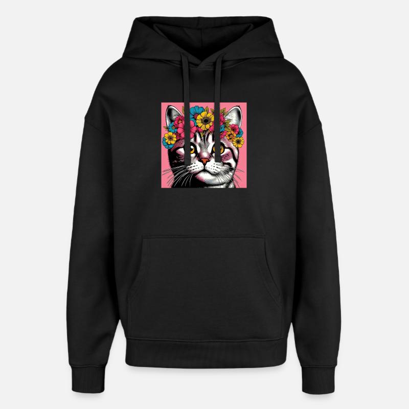 Chat avec des fleurs - Sweat à capuche unisexe Stanley/Stella Oversized - noir