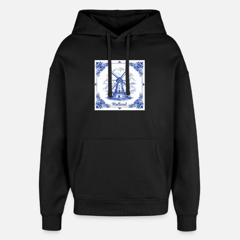 Delft blue windmill tile - Oversized Unisex Hoodie by Stanley/Stella - black