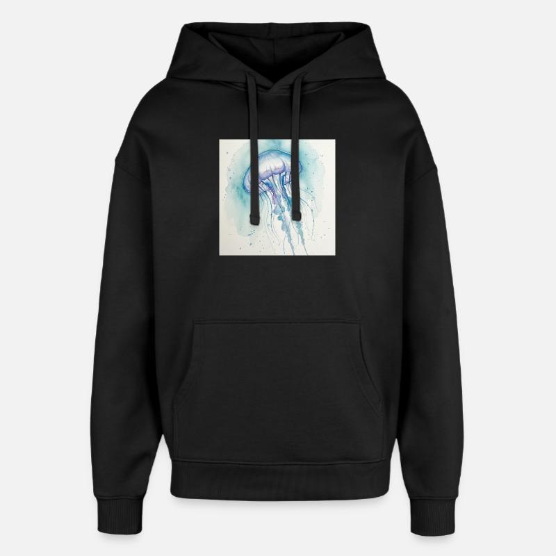 Aquarelle de Méduse, Bleu Océan - Sweat à capuche unisexe Stanley/Stella Oversized - noir
